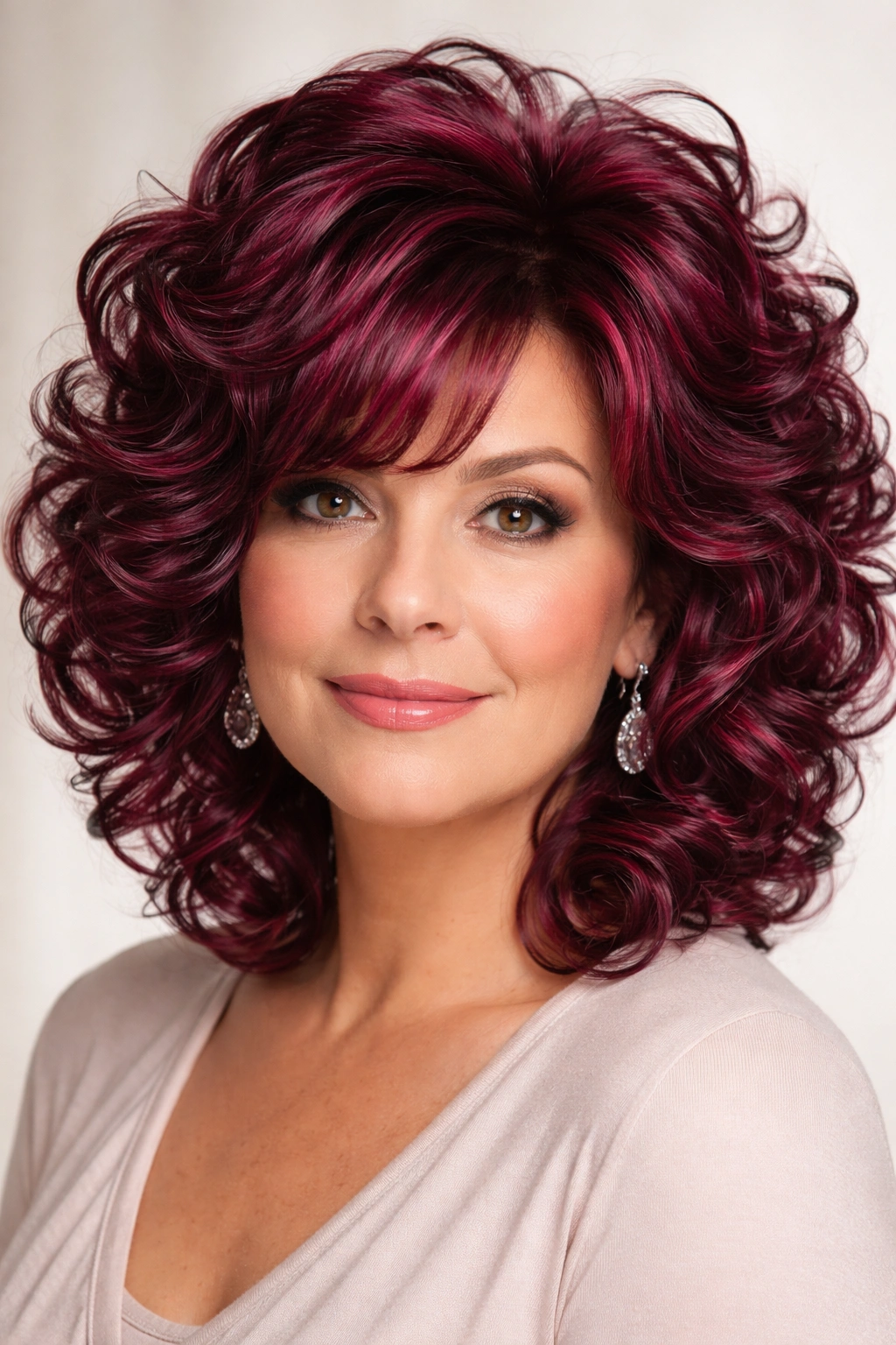 Close-up of dark magenta bouncy curls with bright color