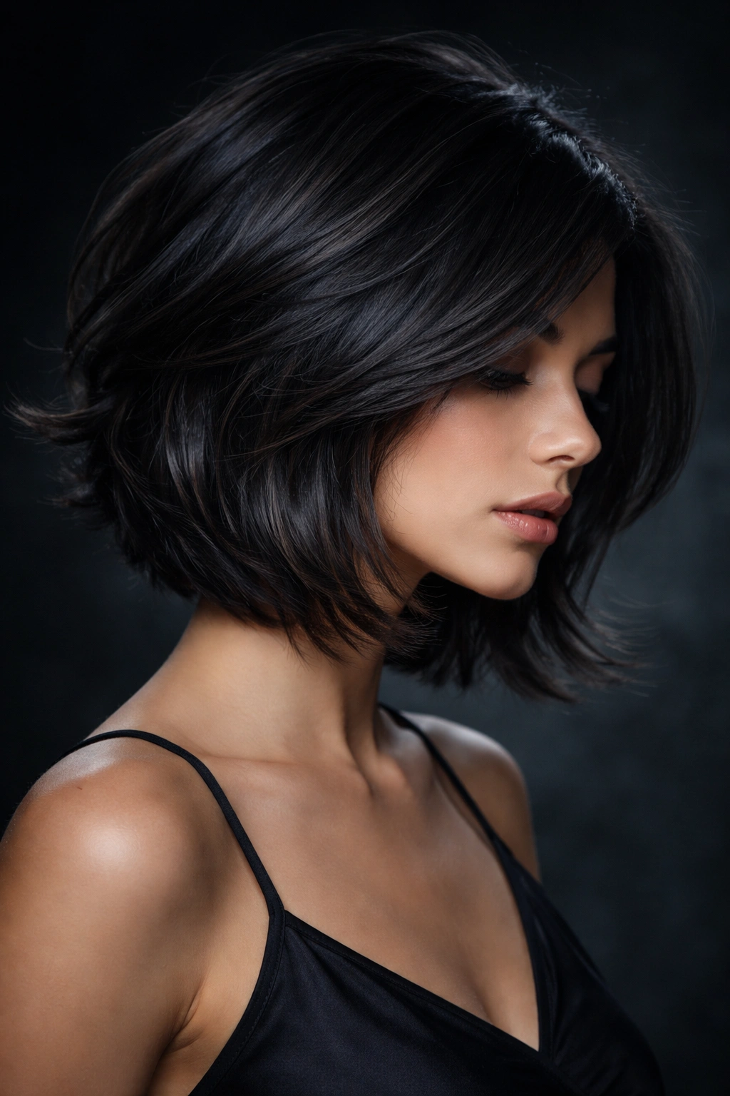 Portrait of a person with a dark moody layered bob showing depth and texture under low-key lighting