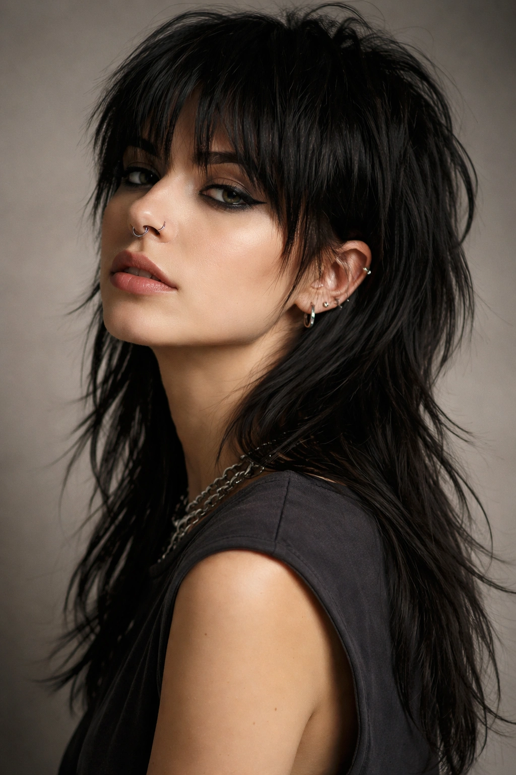 Portrait of a person with a dark mullet wolf cut showing a short front and long back