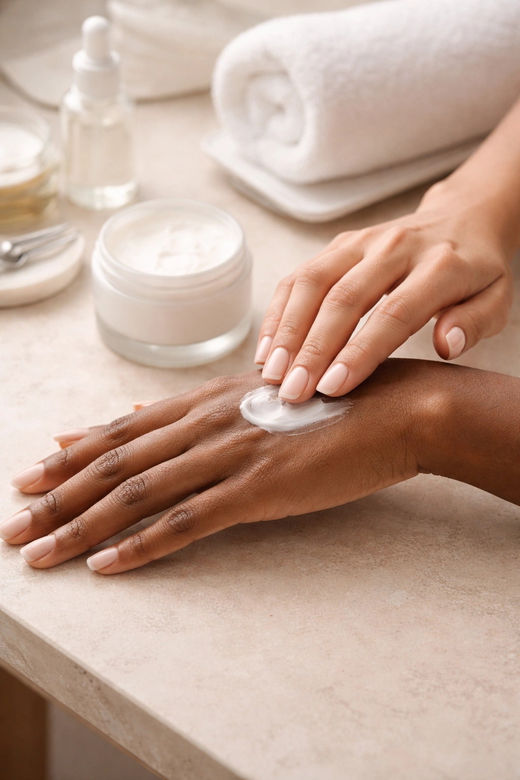 Two hands of different skin tones applying moisturizer for ingrown hair care