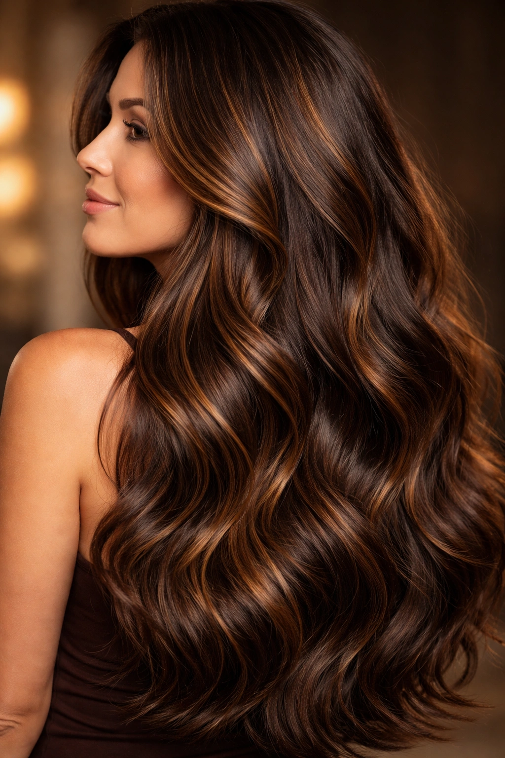 Long dark brown hair with caramel highlights in soft waves