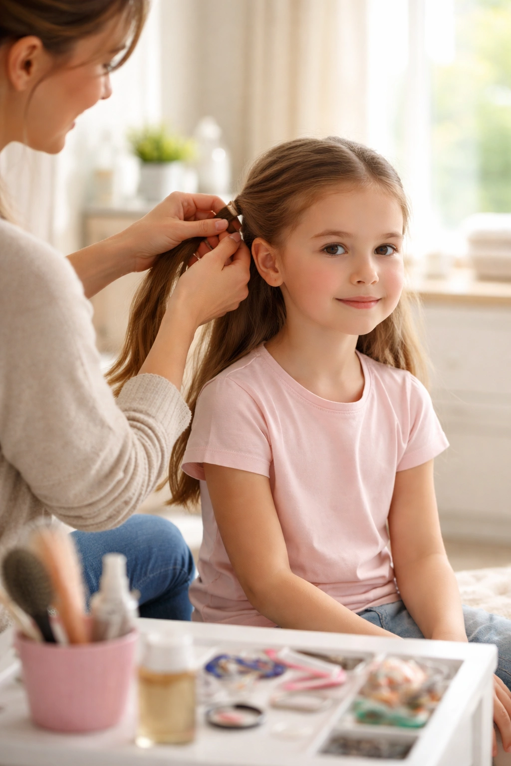 Calm school-age girl sitting patiently during hair-styling moment