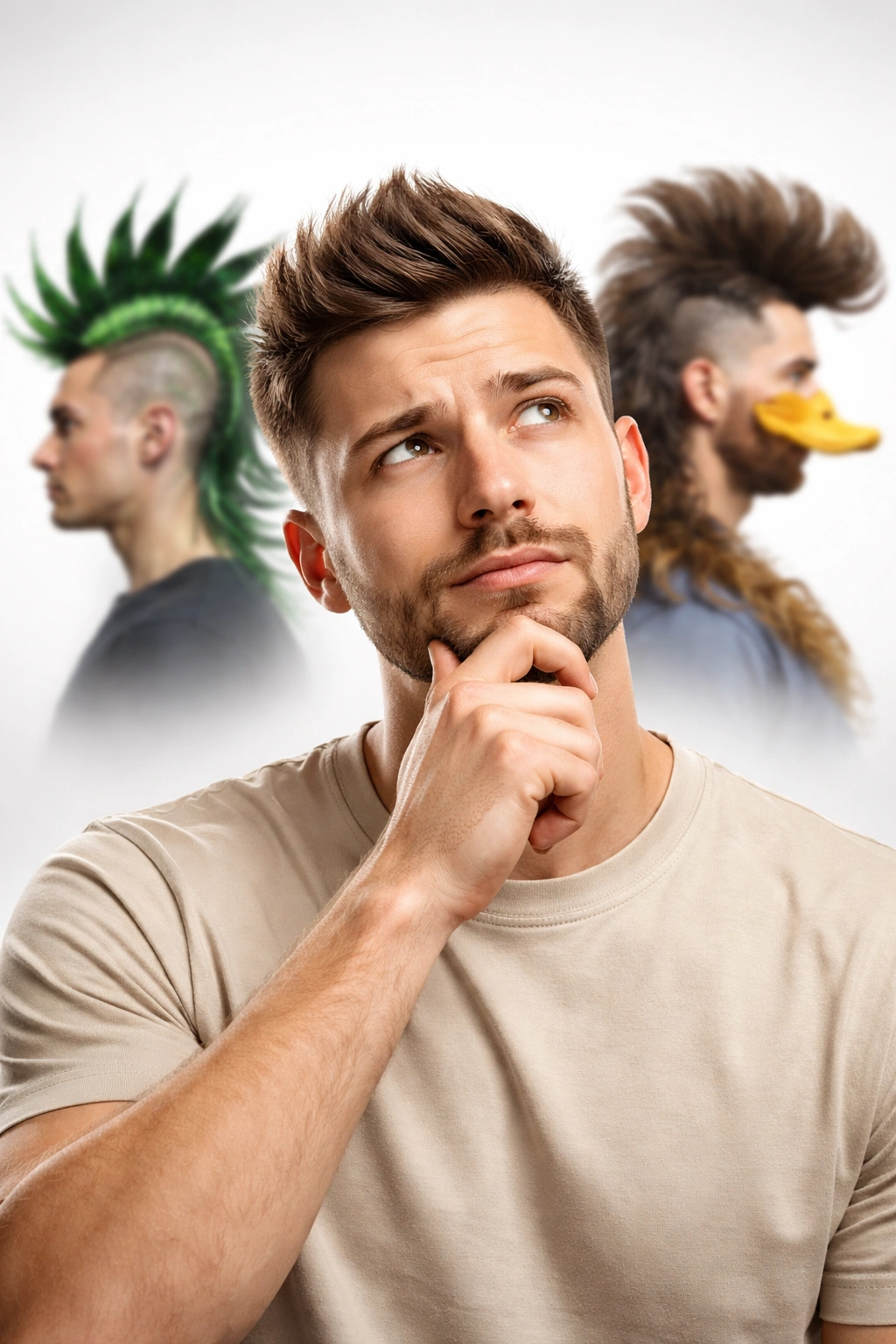 Contemplative person in a studio considering an outrageous hairstyle