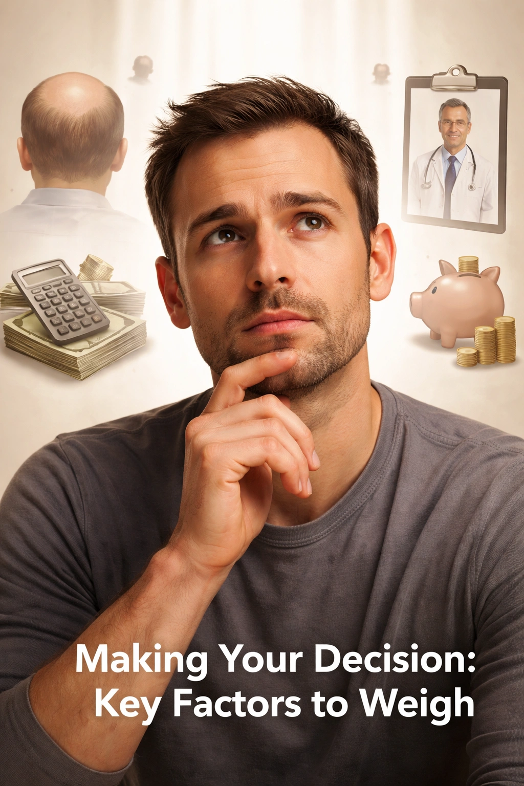 Person with thoughtful expression considering hair transplant decision
