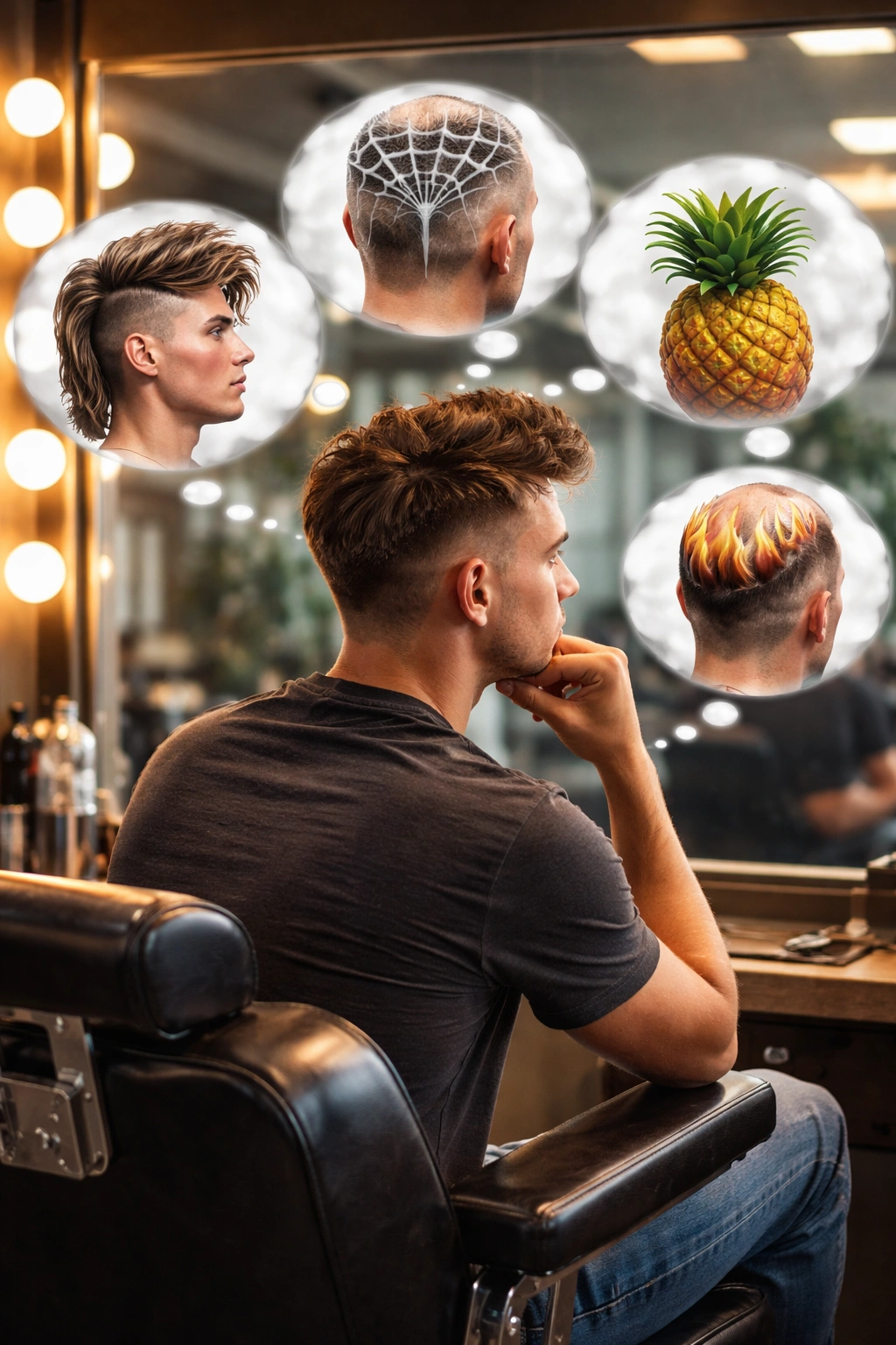 Contemplative person in barber chair considering wild hairstyle options