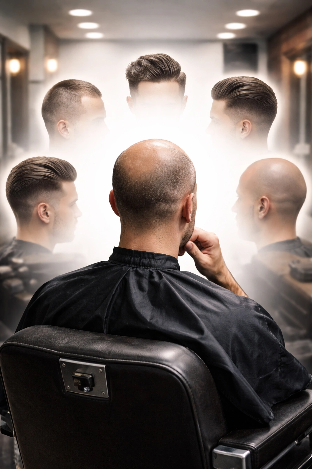 Figure in barber chair considering haircut options