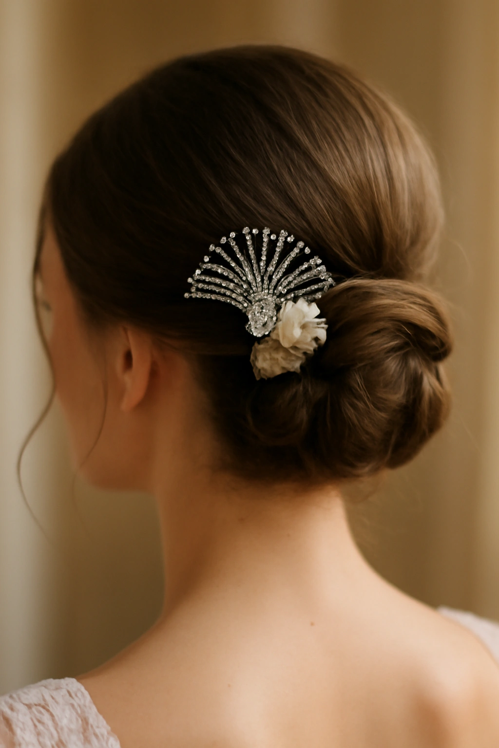 How to Create the Perfect Low Bun for Your Wedding 12 Bun with decorative hair comb inserted for bridal styling