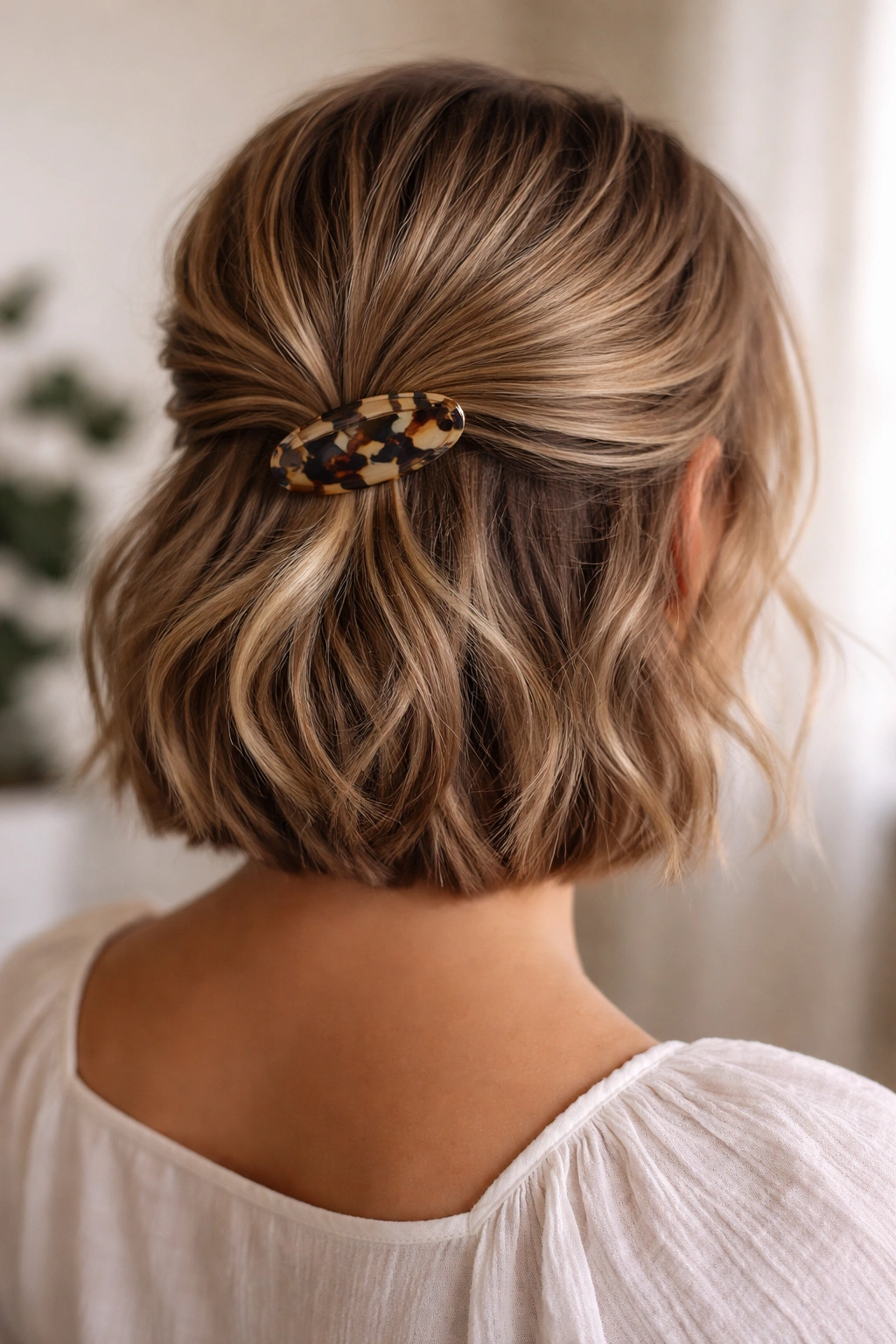 Close-up of a short-to-medium hairstyle with a tortoiseshell decorative clip securing a half-up twist