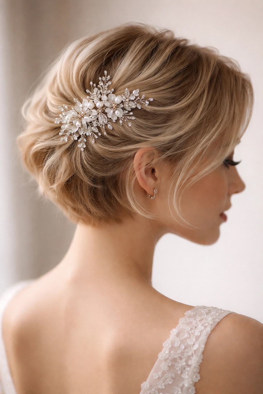 Bridal hair with cluster of decorative pins at the crown