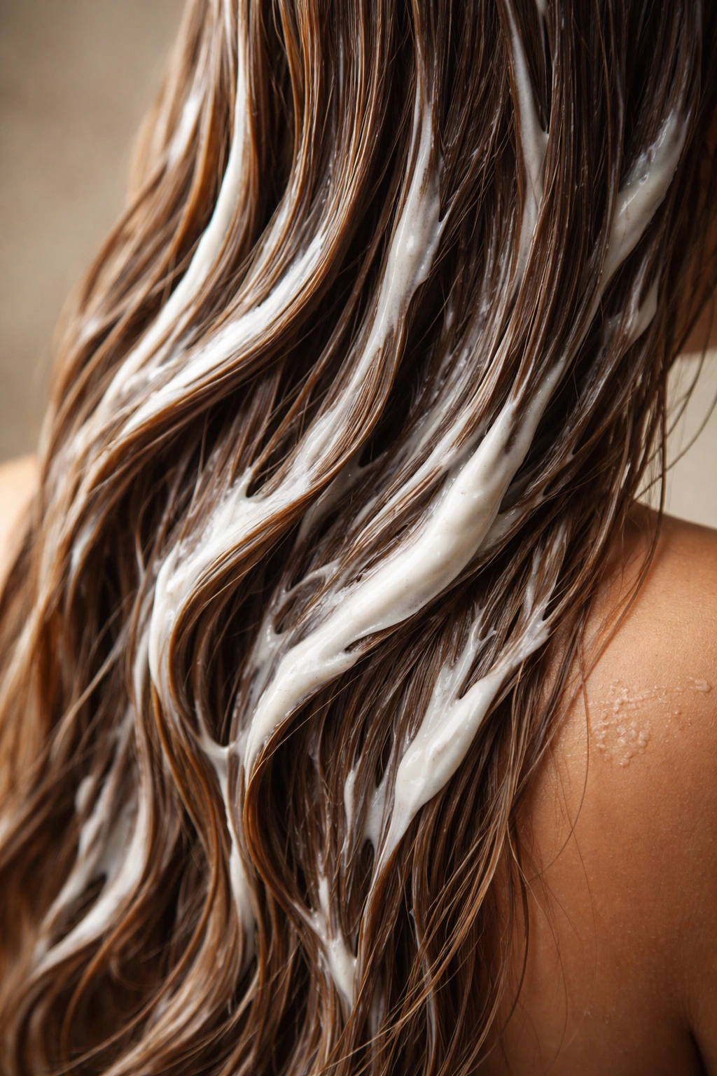 Hair coated with glossy conditioner mid-lengths to ends.