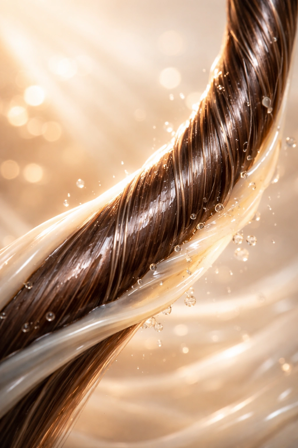 Glossy hydrated hair strand after deep conditioning