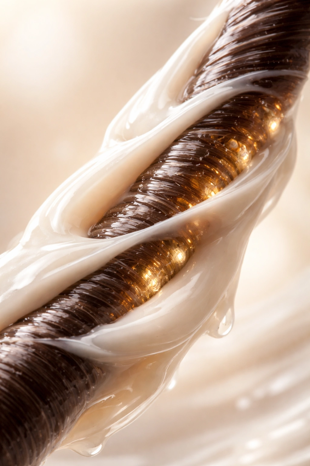 Close-up of hair strand with conditioner showing moisture absorption