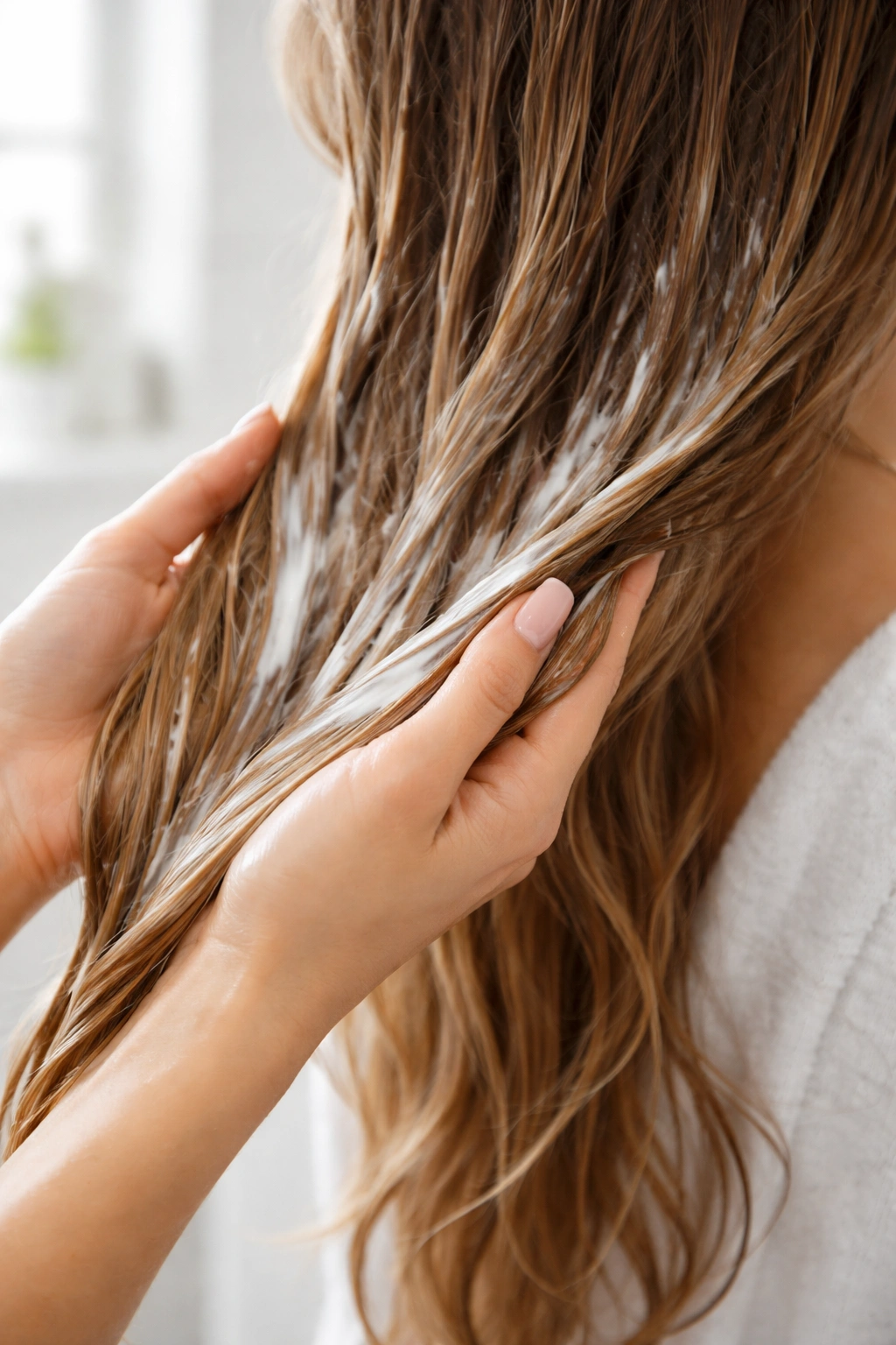 Hair with deep conditioning mask applied to mid-lengths and ends