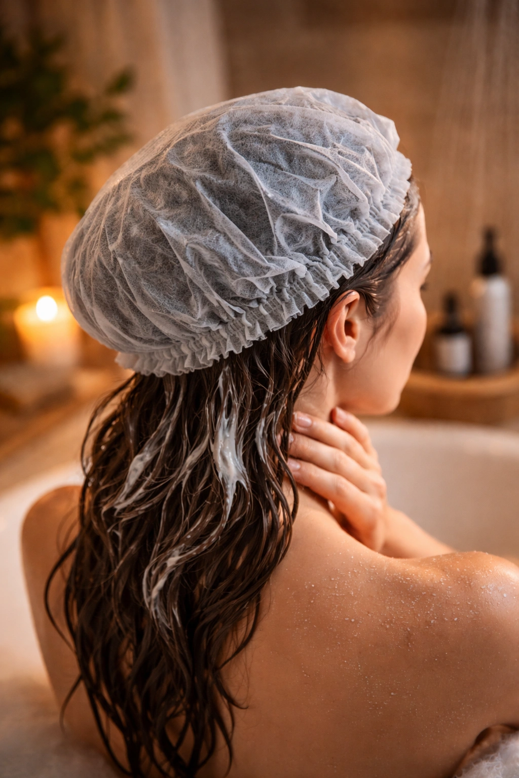Deep conditioning mask on mid-lengths to ends with shower cap