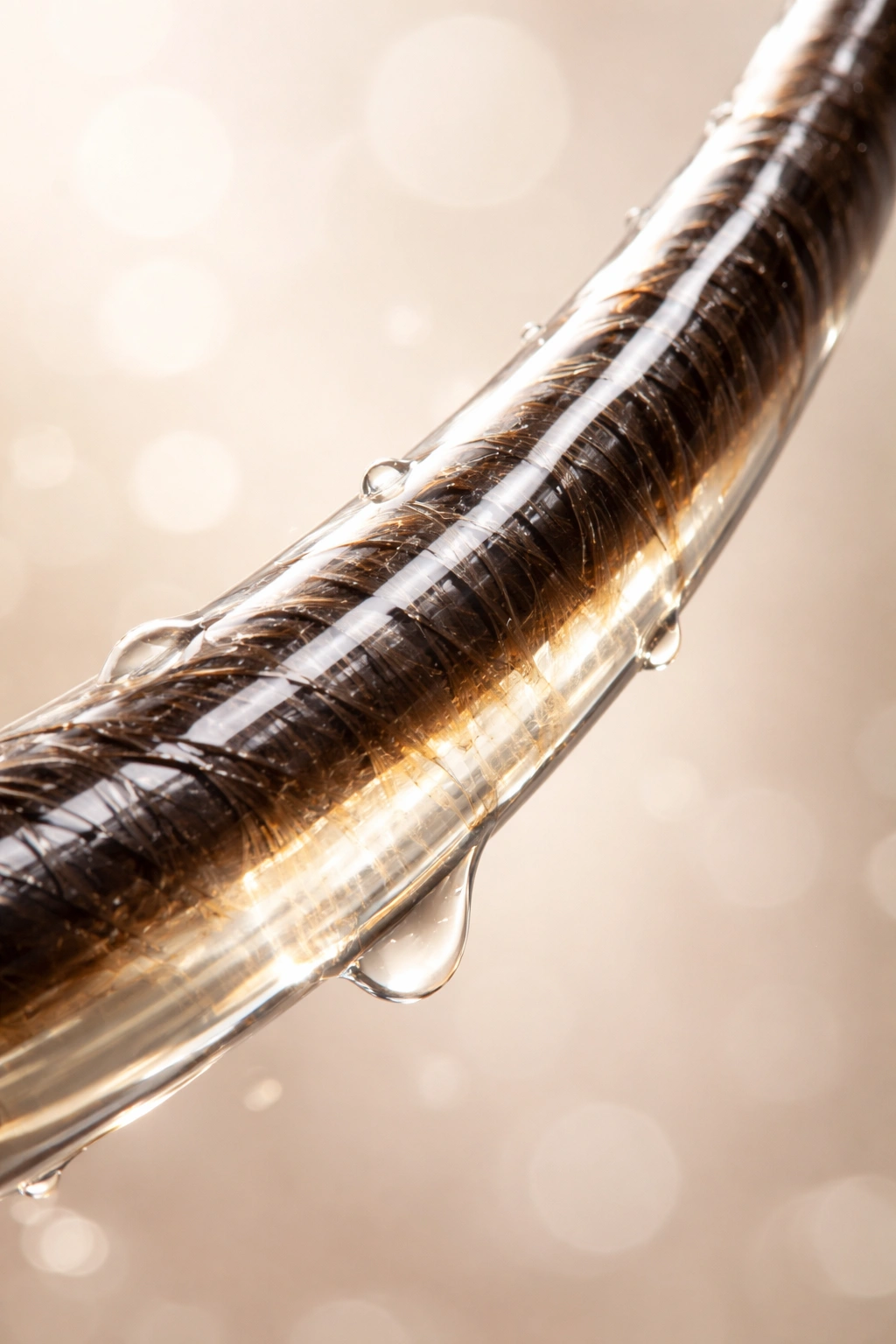 Hair strand coated with glossy conditioning layer