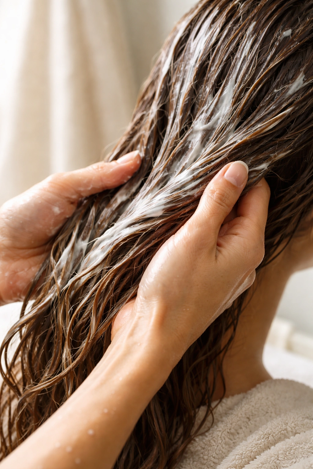 Close-up of hands applying thick hair mask to damp hair