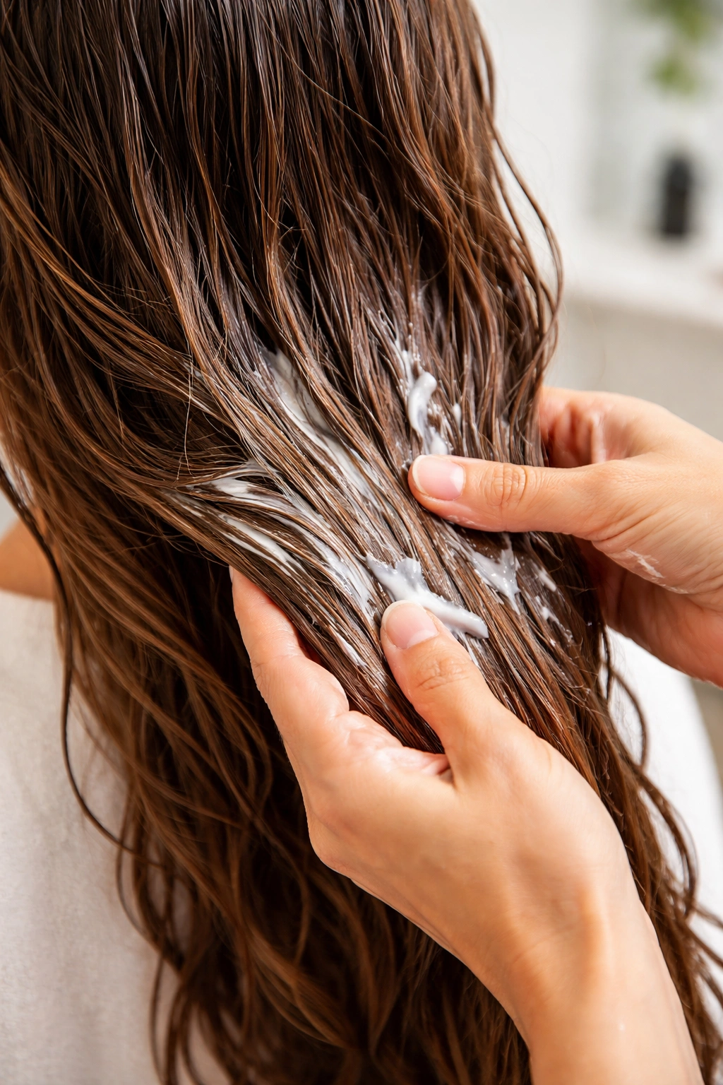 Hands applying deep conditioner to mid-lengths and ends of thick hair
