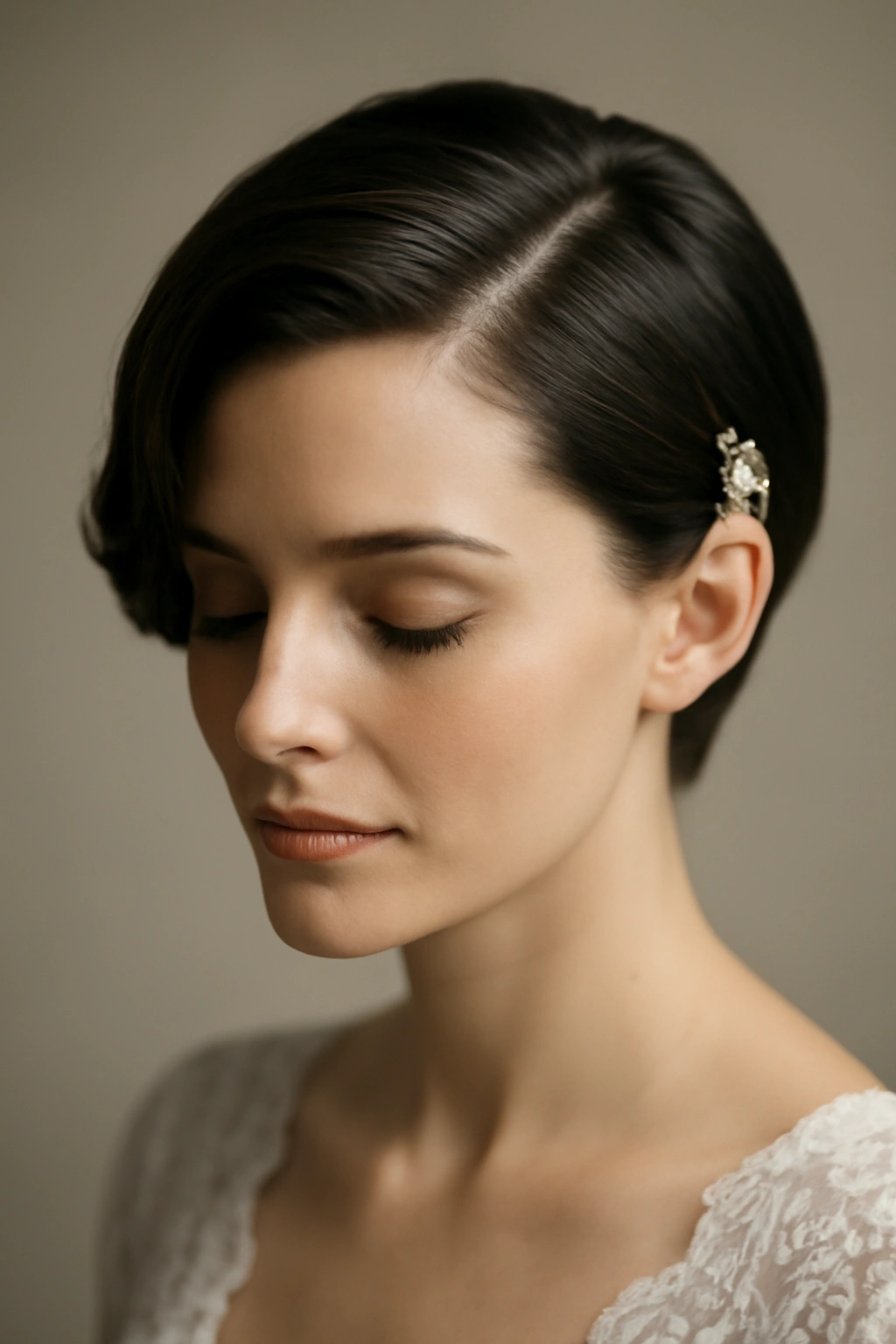 15 Wedding Hairstyles That Suit Short-Haired Brides 14 Short hair with a deep side part and a decorative accessory on the exposed side.