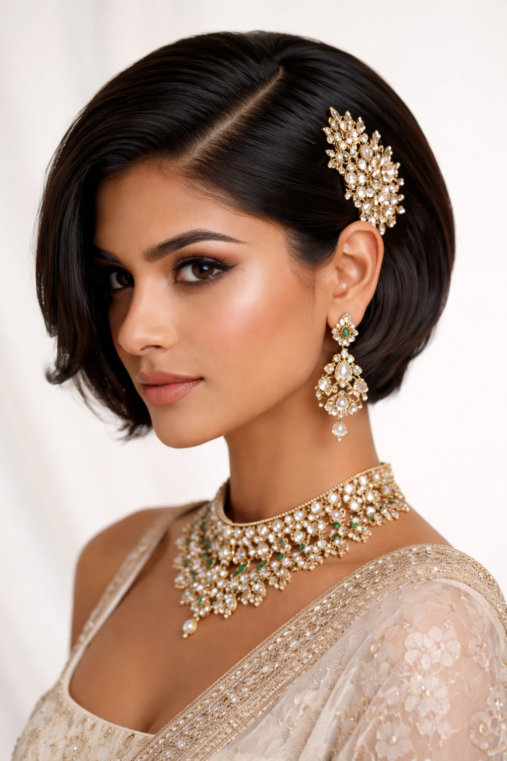 Deep side part with a sculptural hair comb at the part