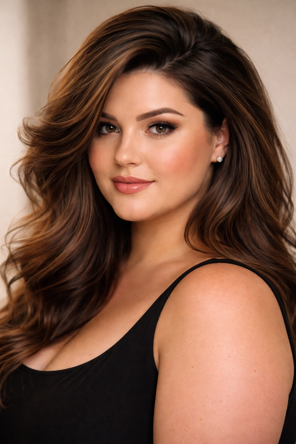 Three-quarter view of a plus-size woman with a deep side part and crown volume.
