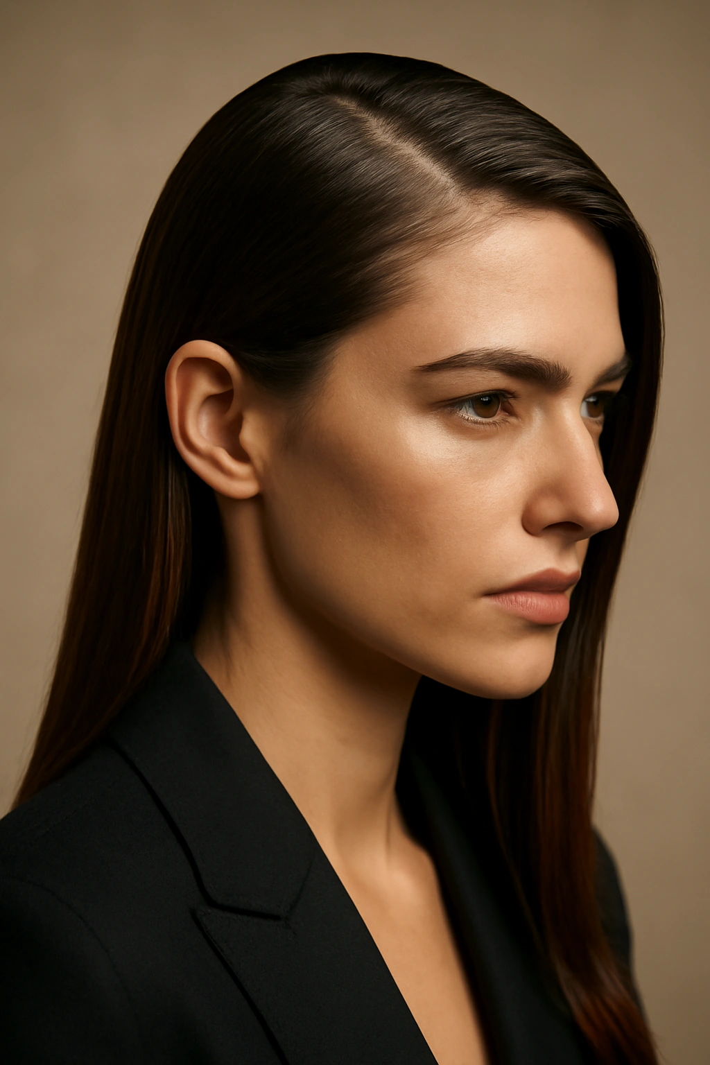 10 Hairstyles That Instantly Elevate Any Blazer Outfit 5 Close-up of Deep Side Part hairstyle with a bold diagonal part in a blazer-ready portrait