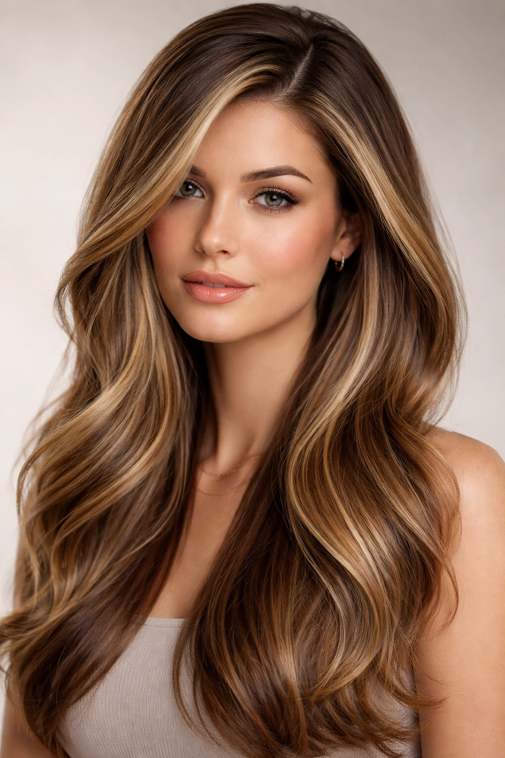 Long glossy hair with deep side part and face-framing highlights