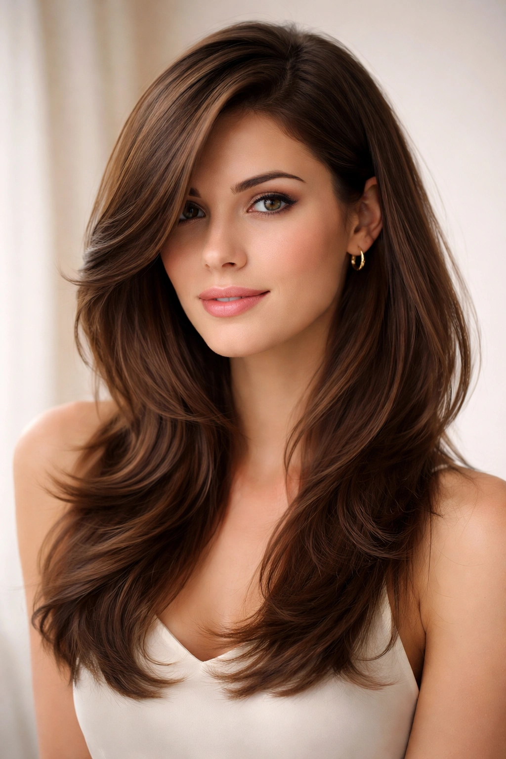 10 Hairstyles That Visually Shorten A Long Face 8 Deep side part with face-framing layers highlighting width at the cheekbones.