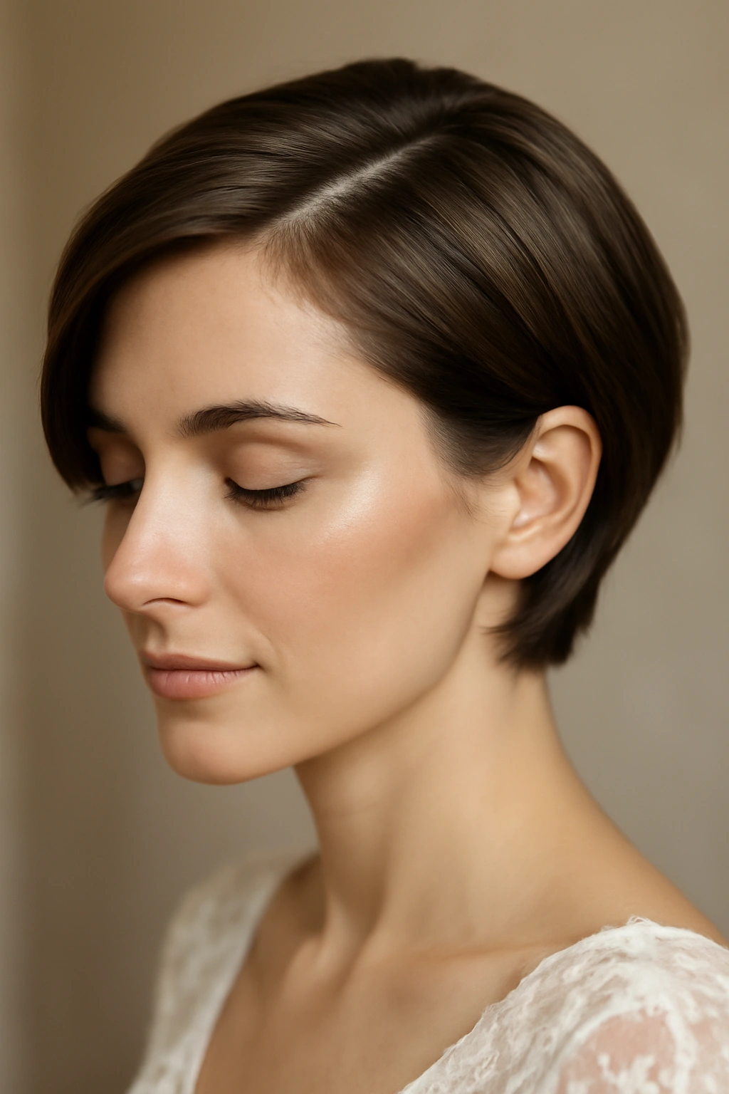 15 Wedding Hairstyles That Look Great on Short Hair 7 Deep side part with tucked layers on short hair, polished bridal look.