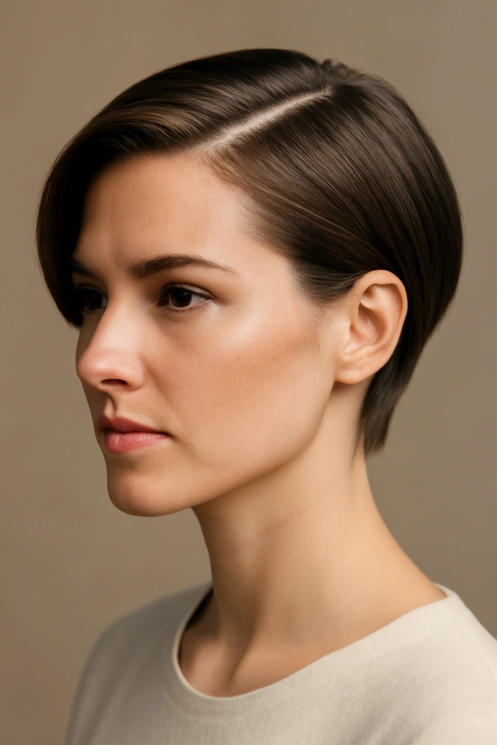 12 Bridesmaid Hairstyles That Flatter Short Hair 3 Close-up of a short hairstyle with a deep side part and tucked section behind the ear.