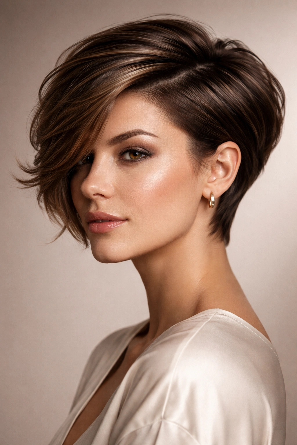 Short haircut with a deep side part and voluminous longer side