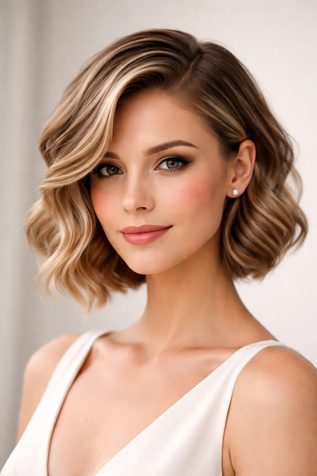 Short hair with a deep side part and soft waves for an elongating effect