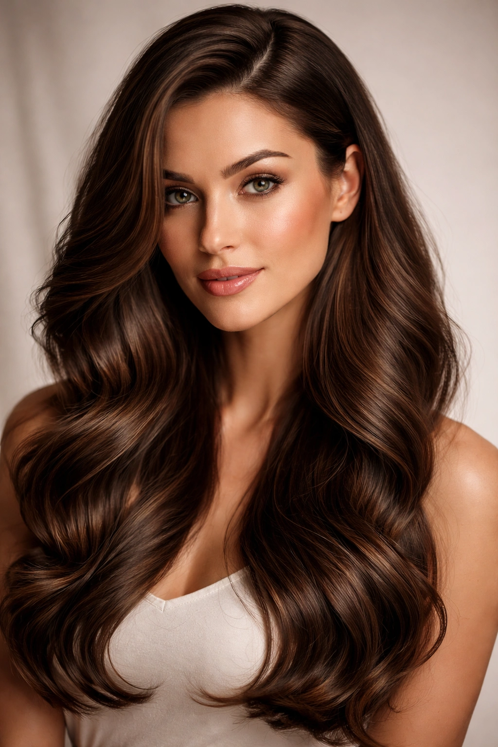 Close-up of long hair with a deep side part and soft waves.
