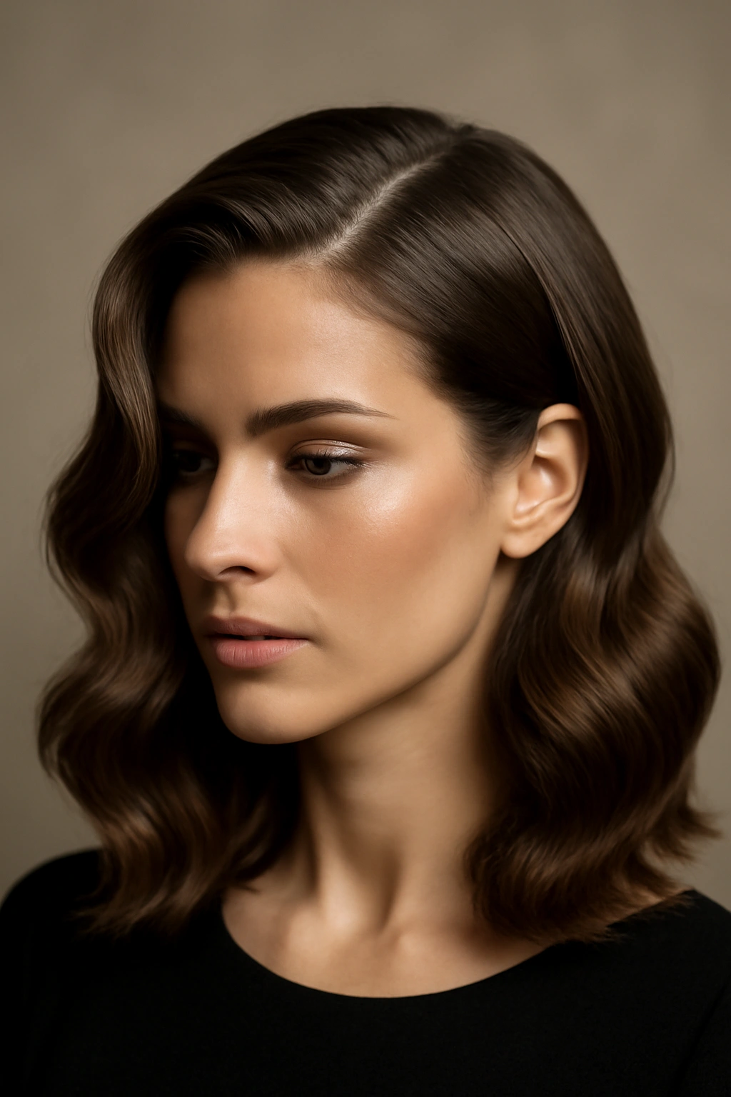12 Party-Ready Hairstyles That Shine on Short Hair 7 Close-up of a model with a deep side part and soft waves hairstyle