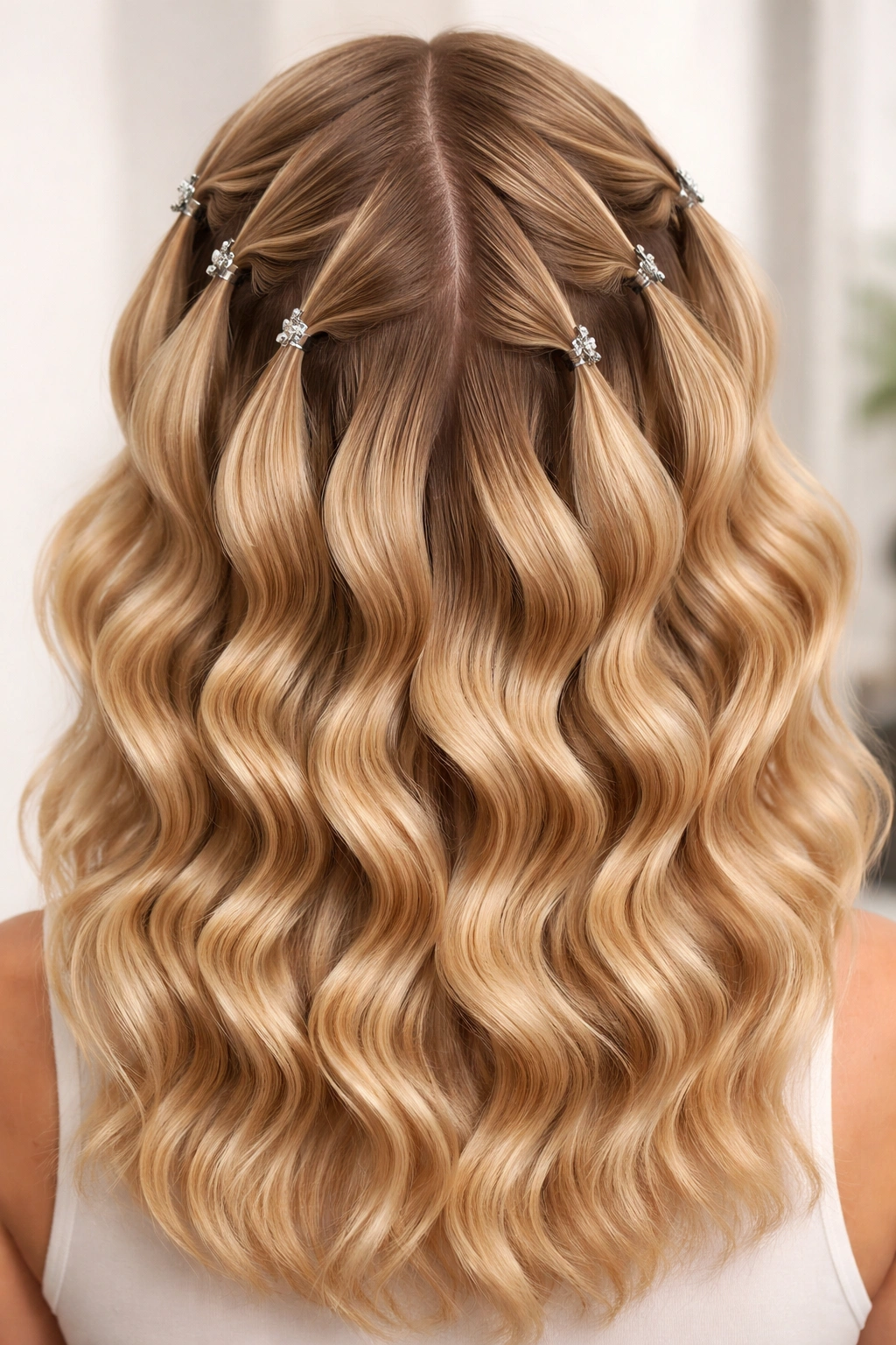 Fine hair sectioned into large panels with bold deep waves