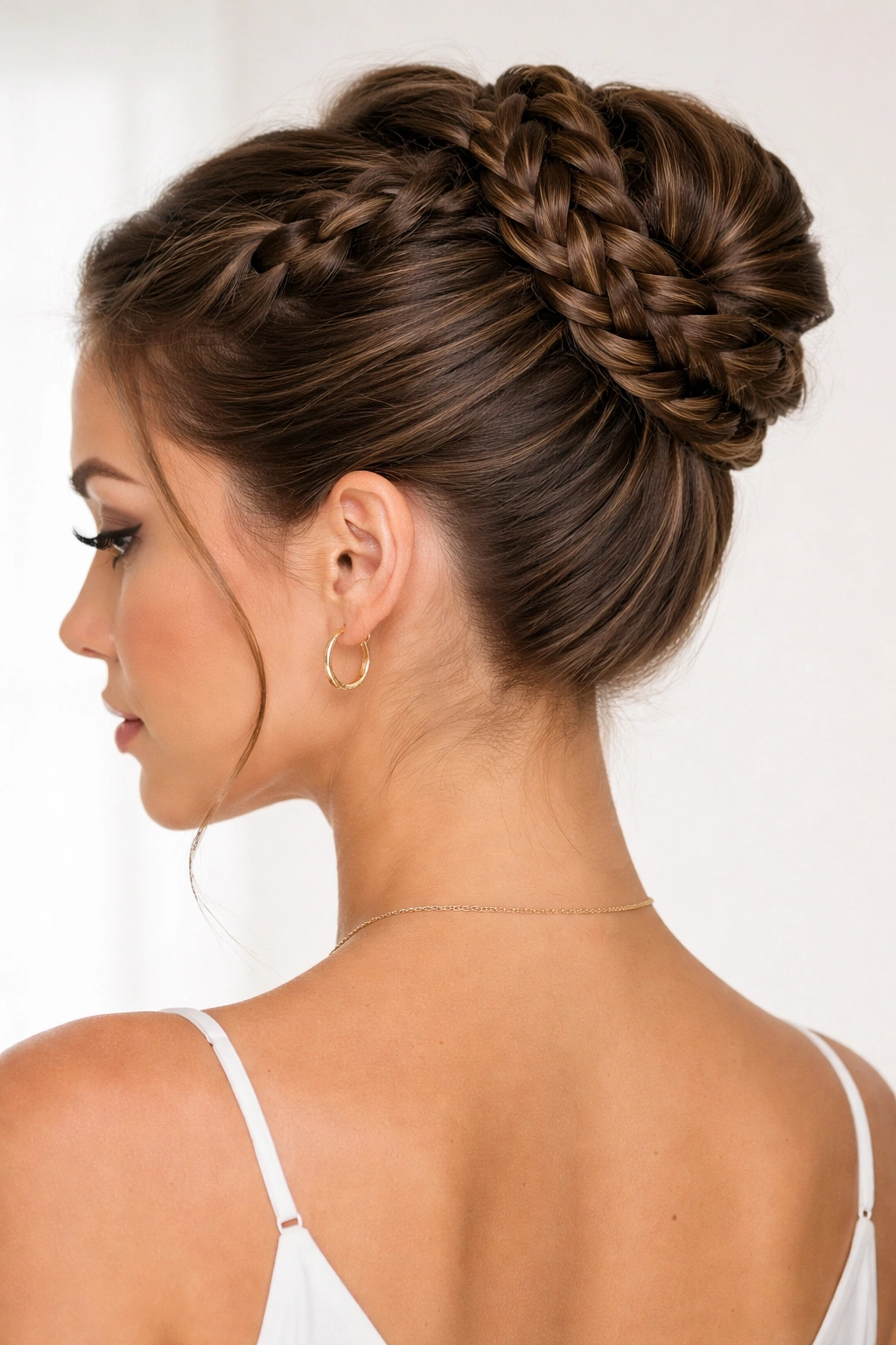 Close-up of a defined braided updo with precise, neat braids