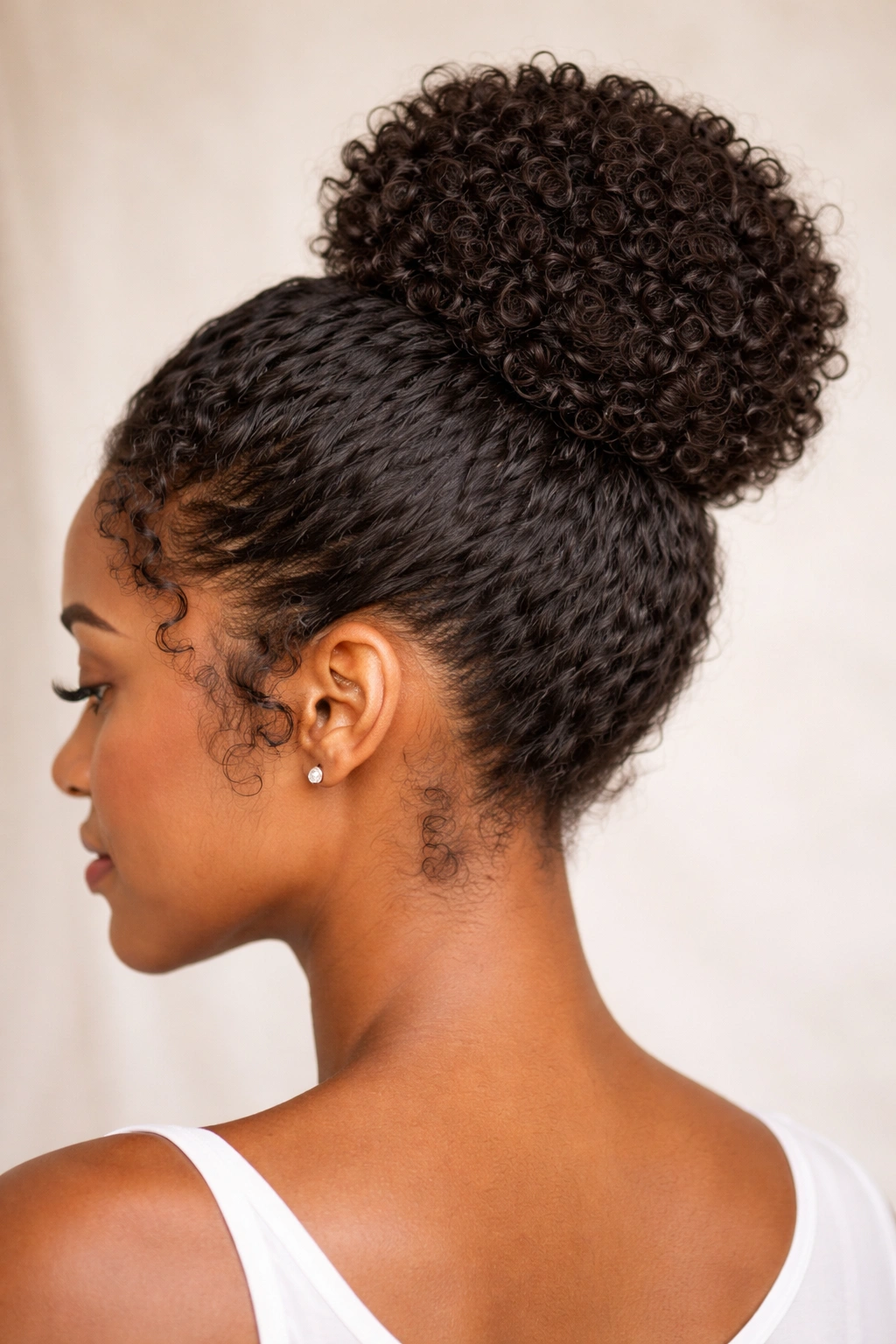 25 Natural Hairstyles For Coily And Curly Textures 20 Close-up of curly hair formed into a defined bun with texture around edges