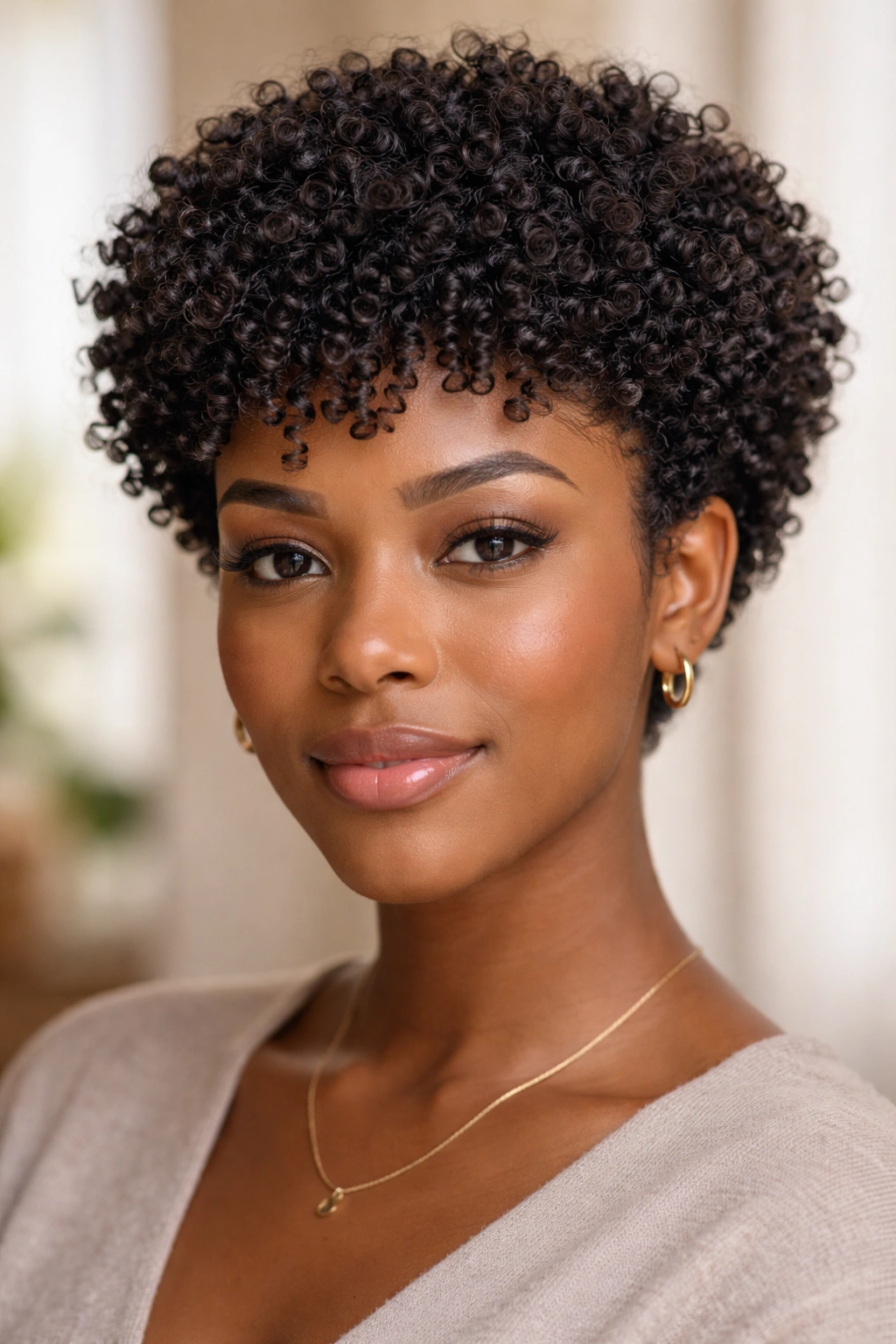 20 Short Curly Haircuts That Look Incredible 15 Front-facing portrait of The Defined Coil Cut showcasing tight, defined natural curls