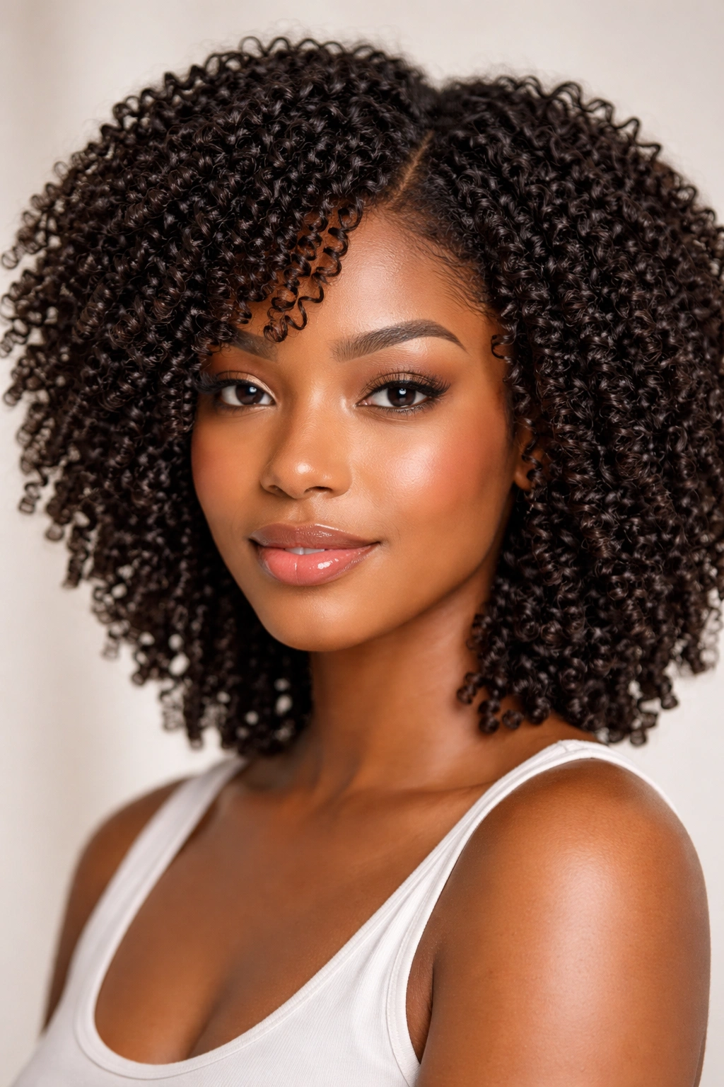 Close-up of a person with defined, glossy tight coils and visible moisture
