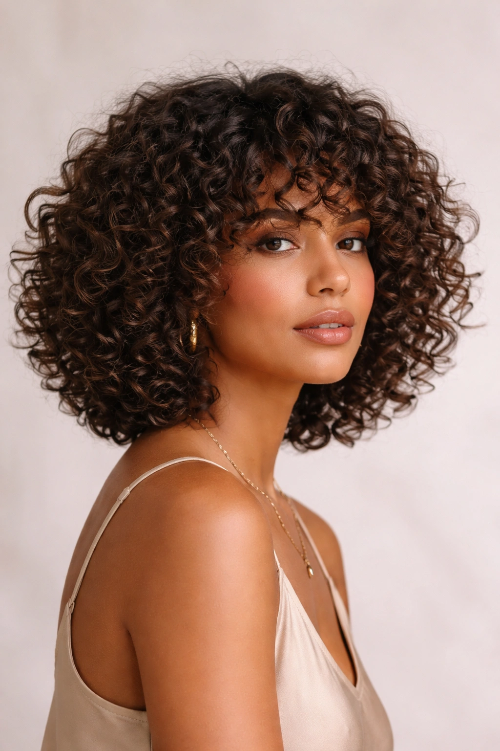 Portrait of defined curl bob for dense curly hair showing length and curl definition