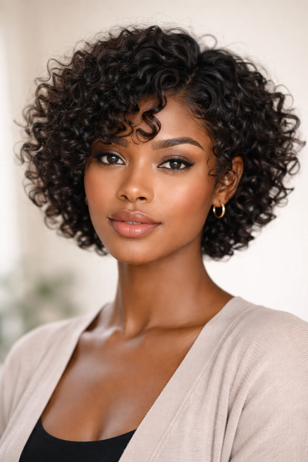 Front-facing portrait of a Black woman with a defined curl cut and face-framing layers