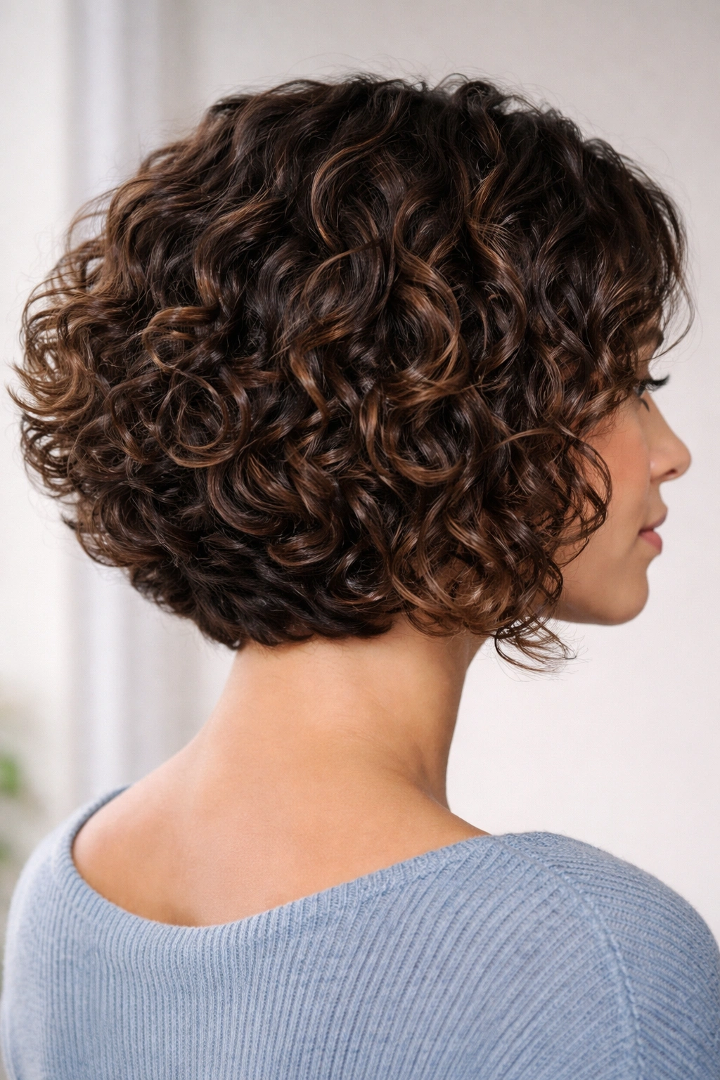 Defined-Curl Lob with stacked nape showing lifted curls at the neck