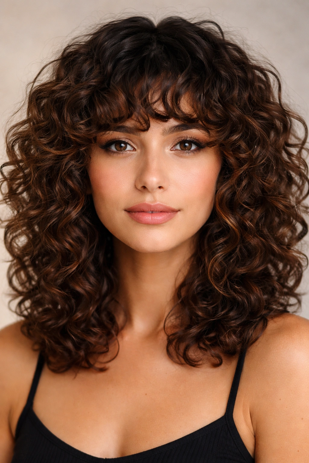 Shoulder-length defined curls with bold upward-curled bangs