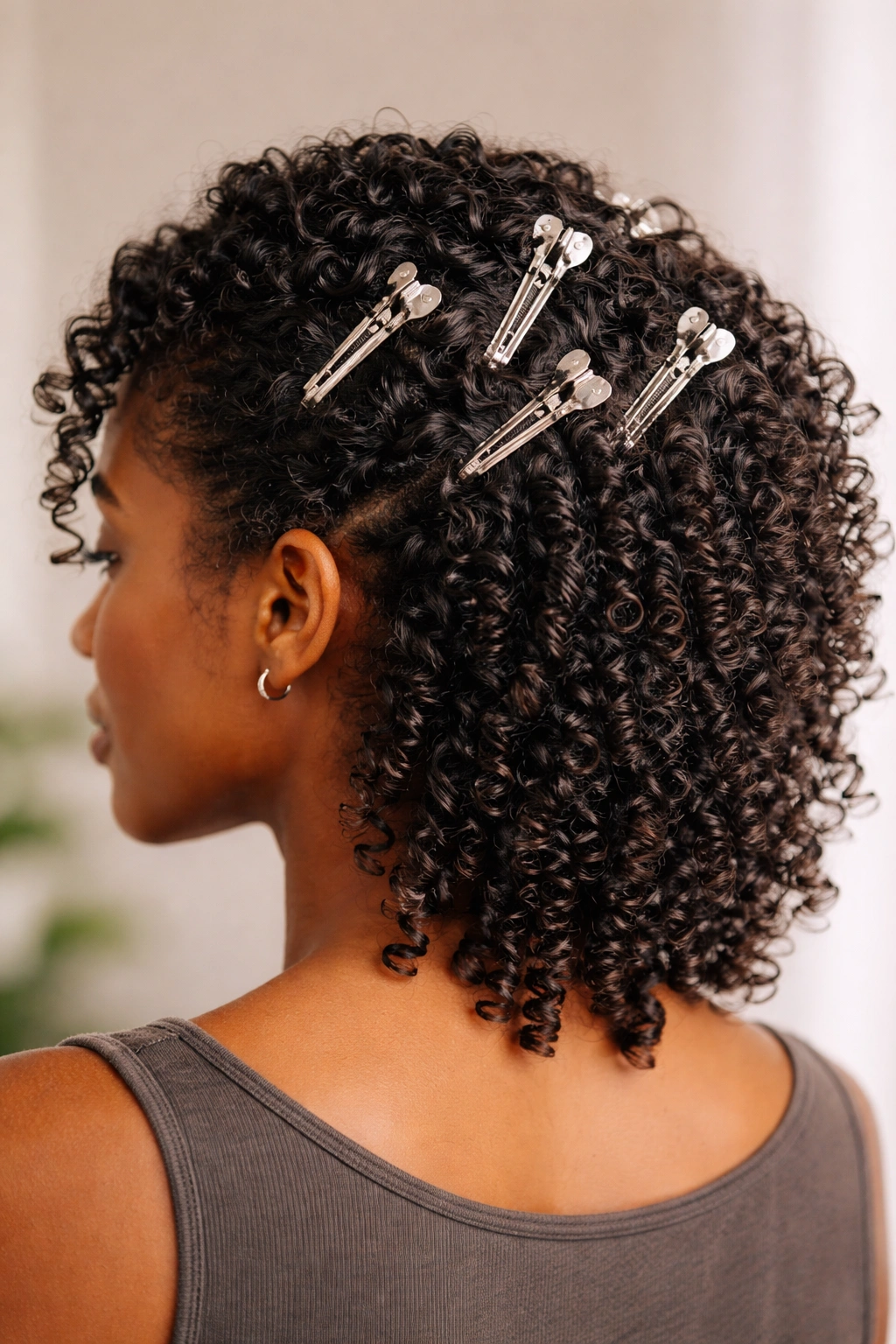 10 Hairstyles For Tight Curls At Every Length 8 Close-up of defined curl clumps held by curl clips