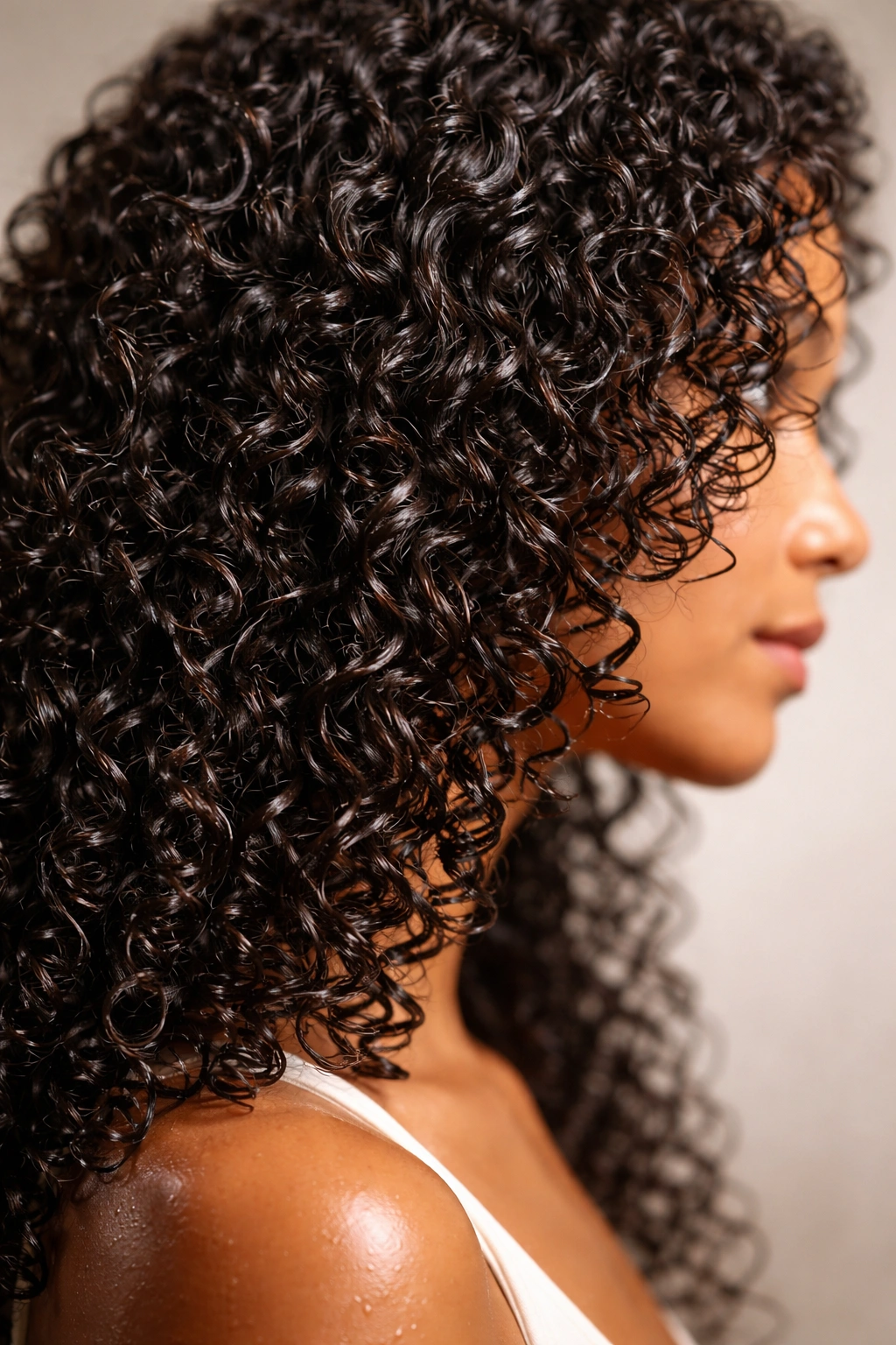 Close-up of defined natural curls with moisture and shine