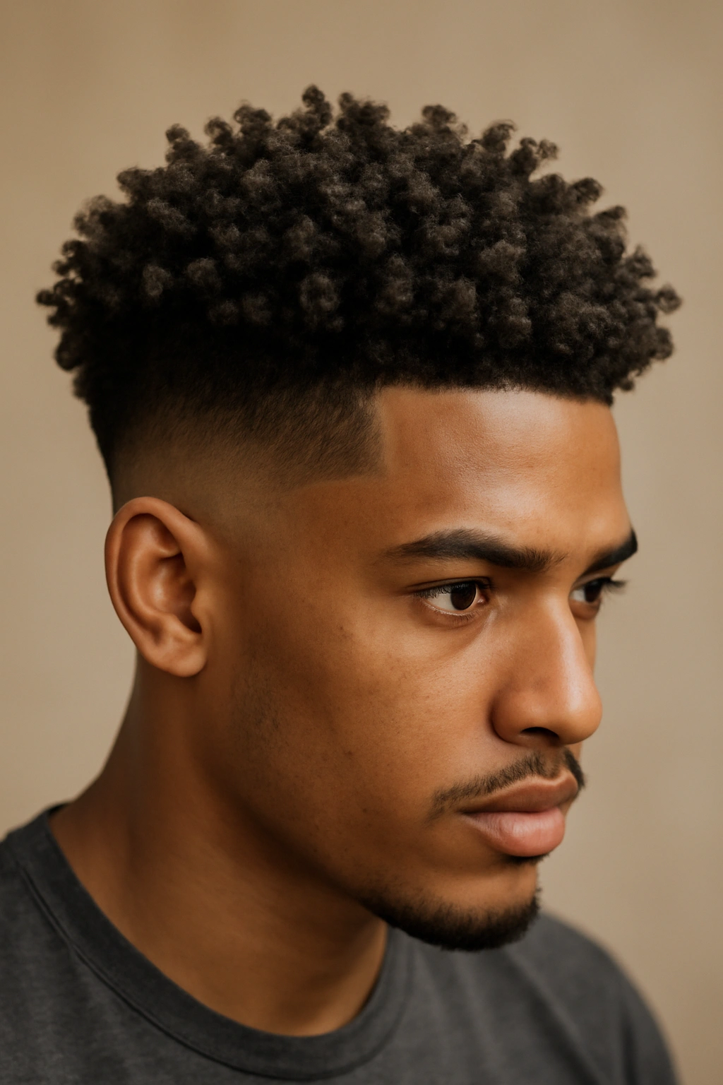 10 Short 3C Hairstyles That Will Instantly Elevate Your Look 1 Close-up of a person with a sharp side fade and voluminous curled crown.