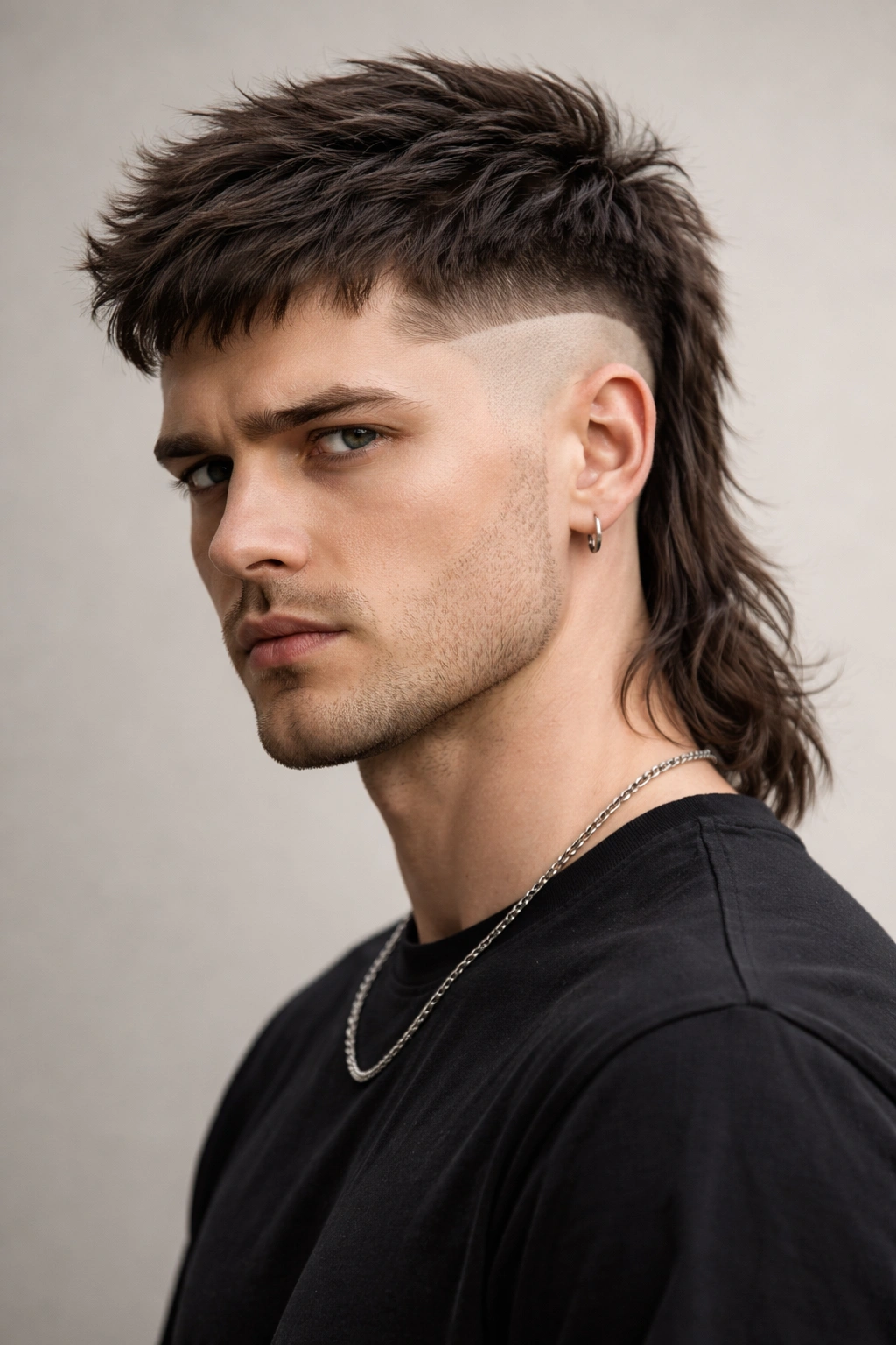 Frontal portrait with a bold defined line separating short sides from longer back