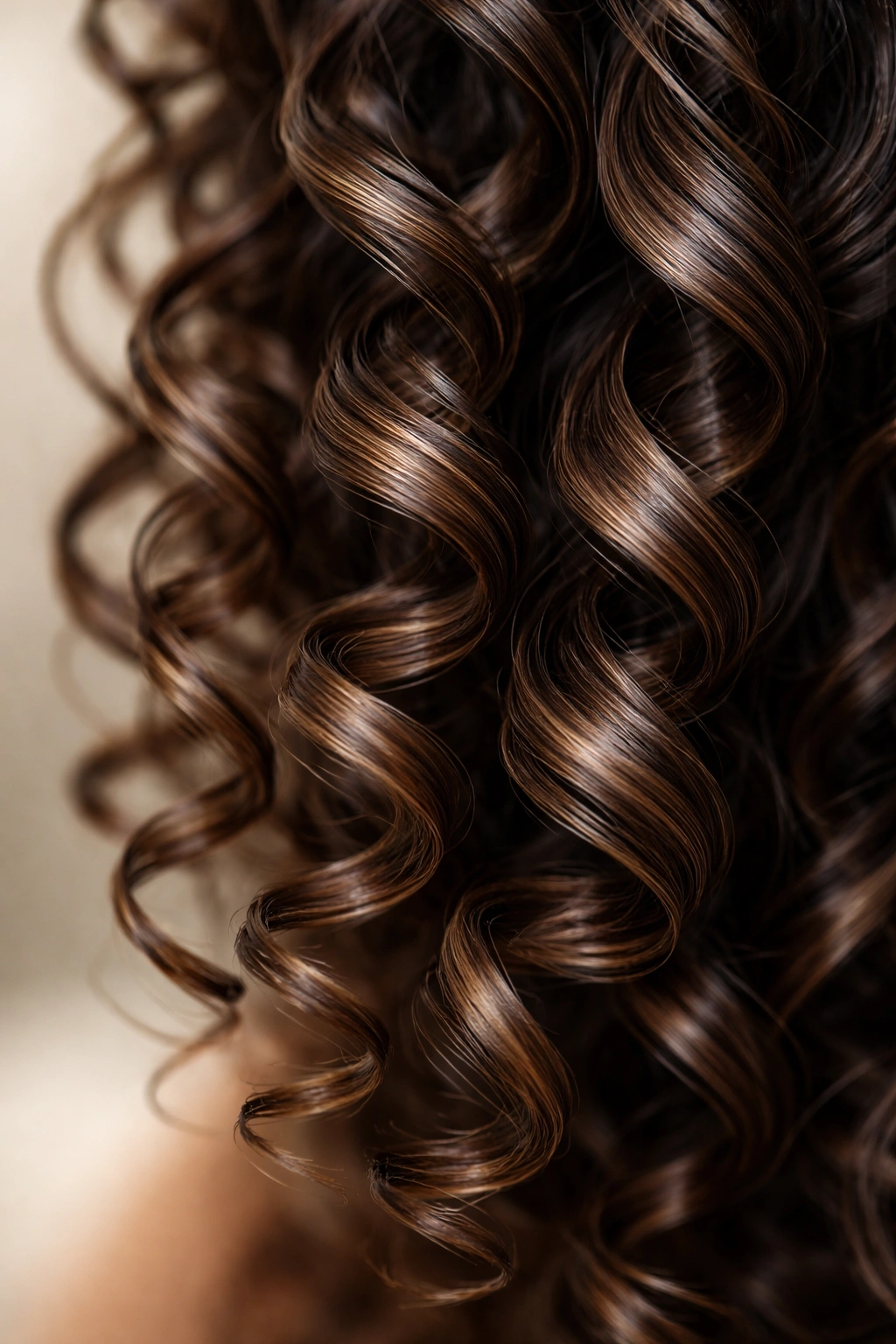 Close-up of defined curly ringlets with natural shine in studio lighting