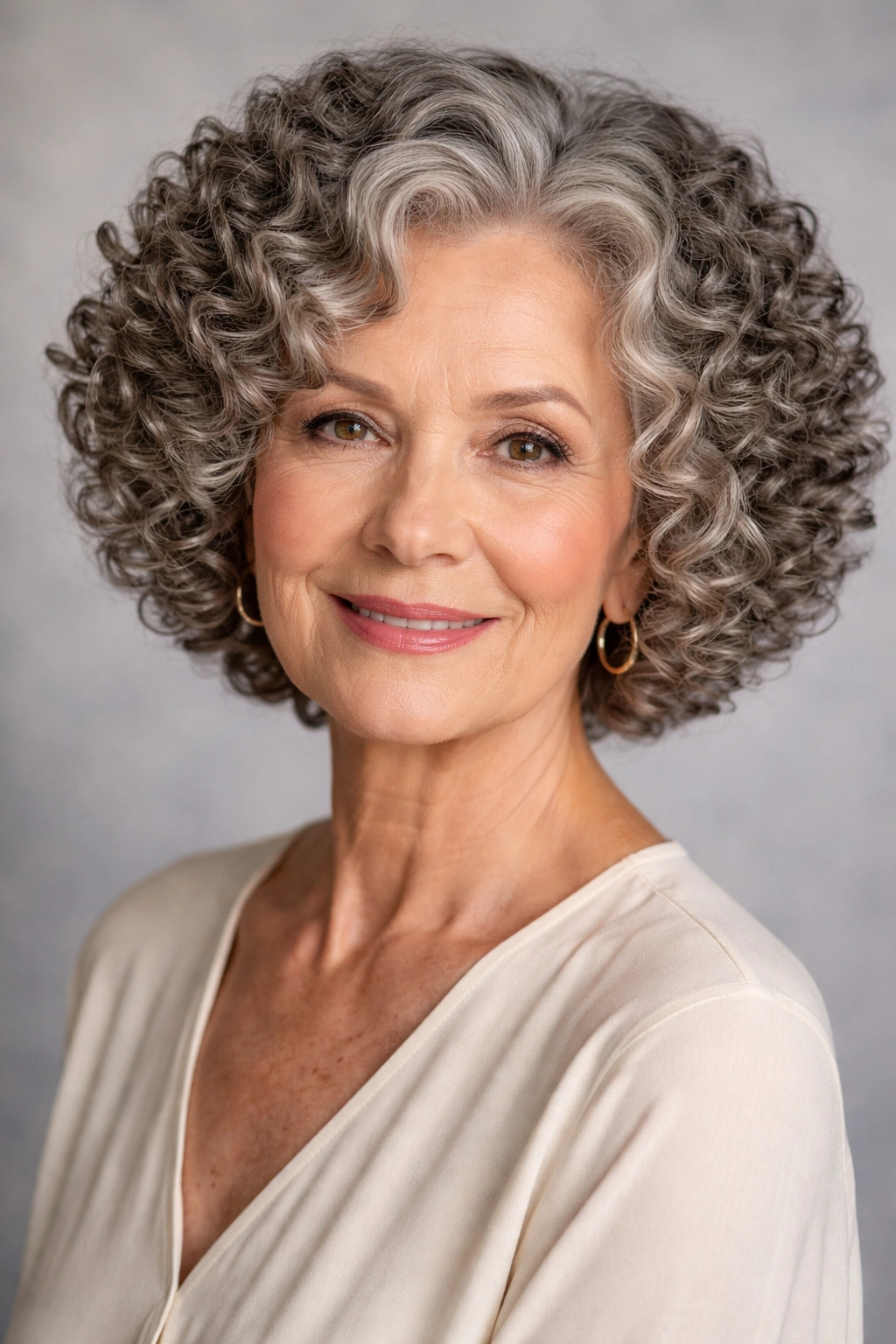 Chin-length defined coil bob showcasing tight coils on a mature woman