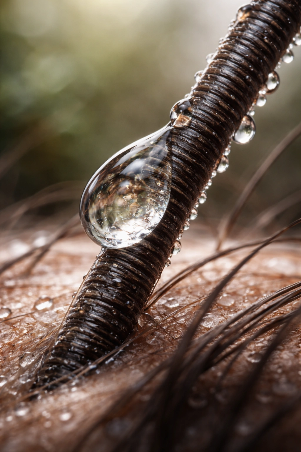 Close-up of a single hair strand with water droplet showing hydration's effect on hair health