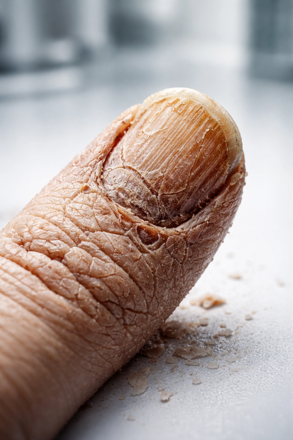 Desiccated fingertip showing rapid dehydration